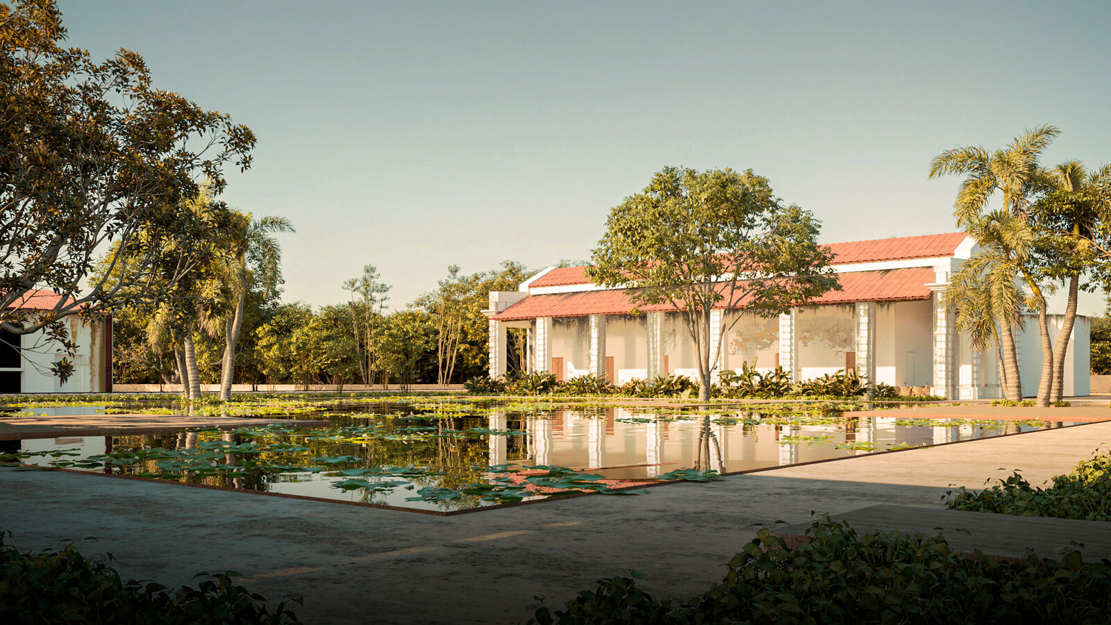 Render de la casa principal restaurada con espejo de agua