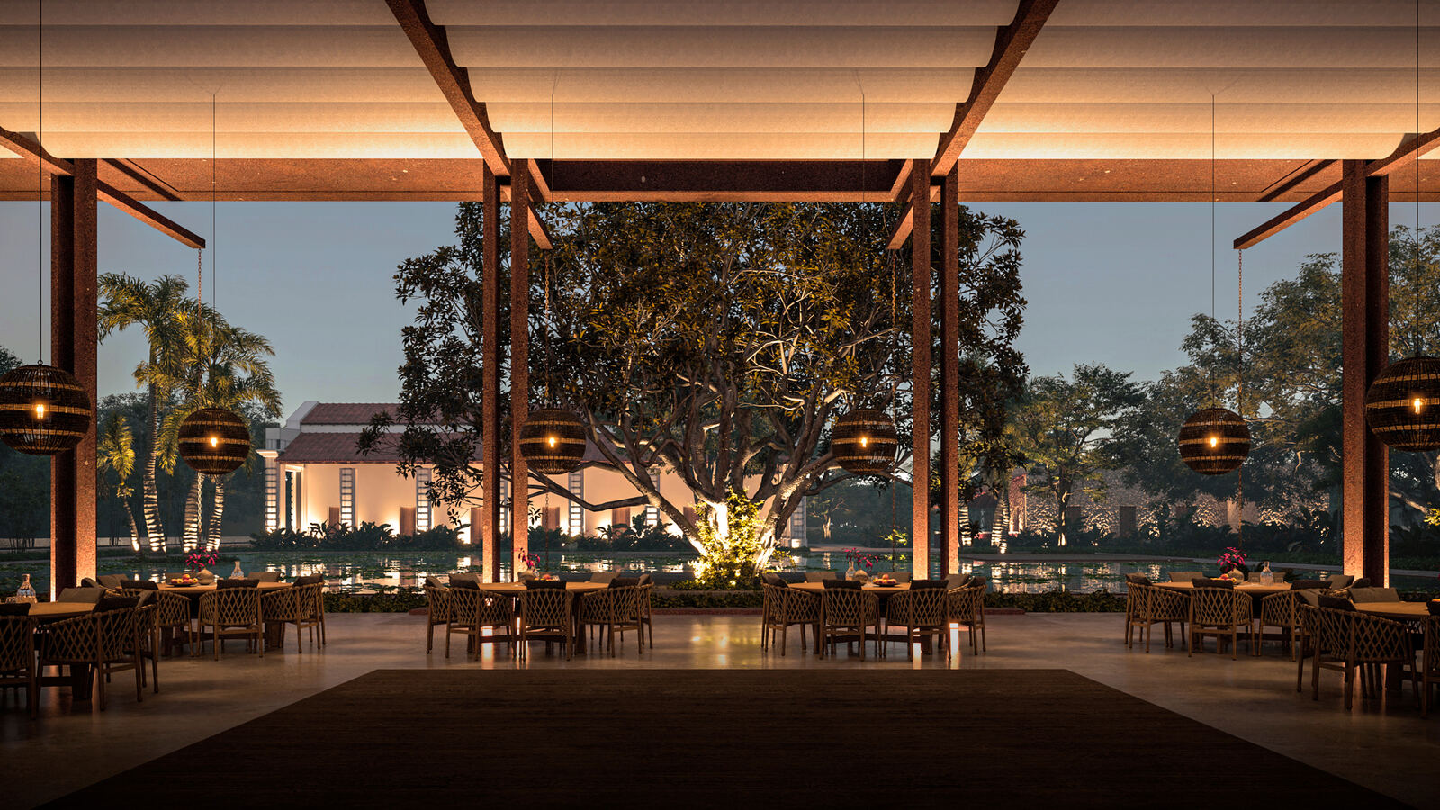 Render del restaurante de la hacienda de noche