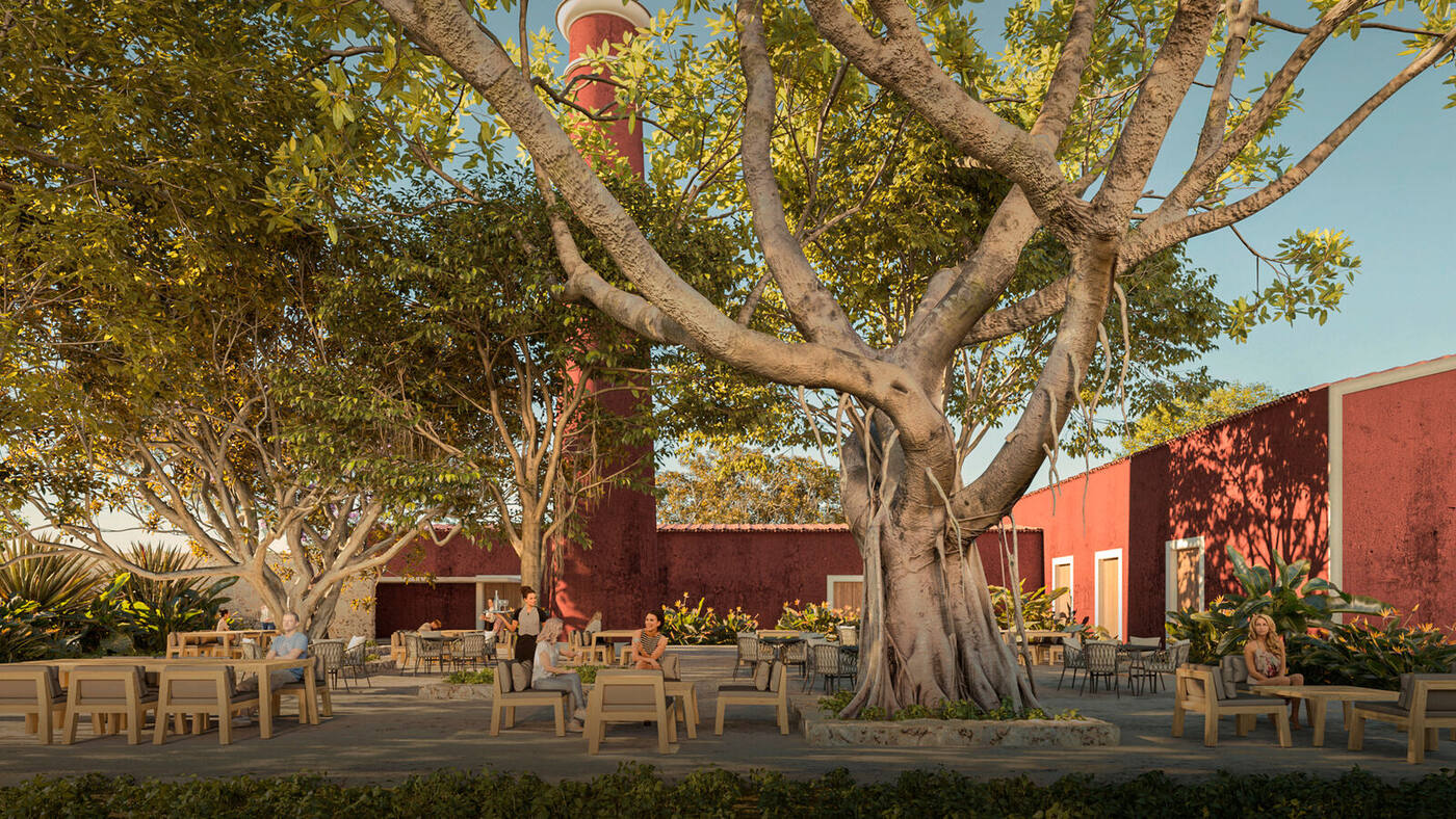 Render de la terraza del restaurante de la hacienda
