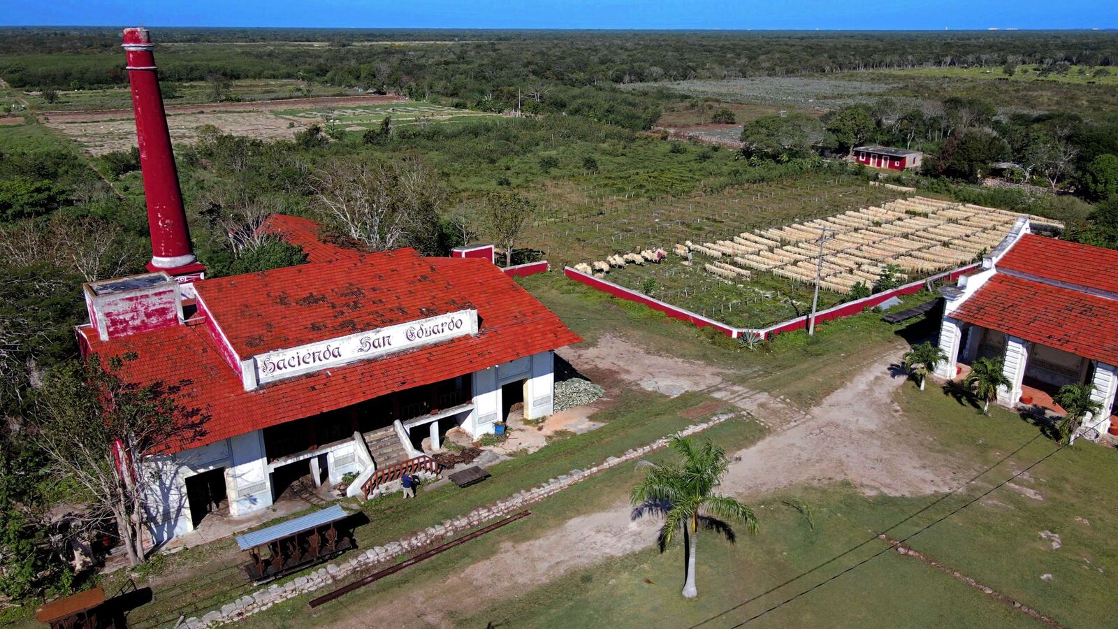 Secaderos de henequén junto a la desfibradora de Hacienda San Eduardo