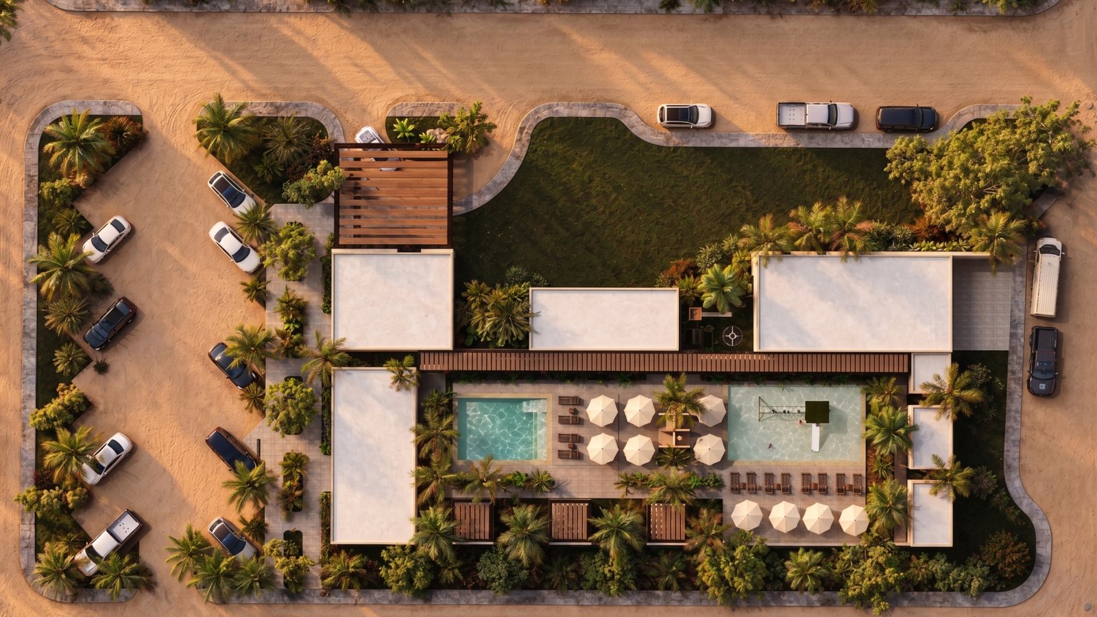 Render de la amenidad interna de Mareta vista desde arriba, con albercas, terraza y áreas verdes