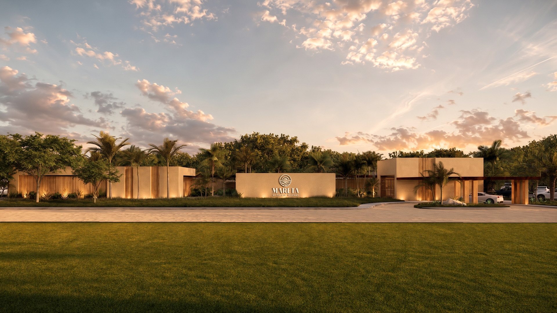 Render de la fachada principal de Mareta by Puerto Telchac al atardecer