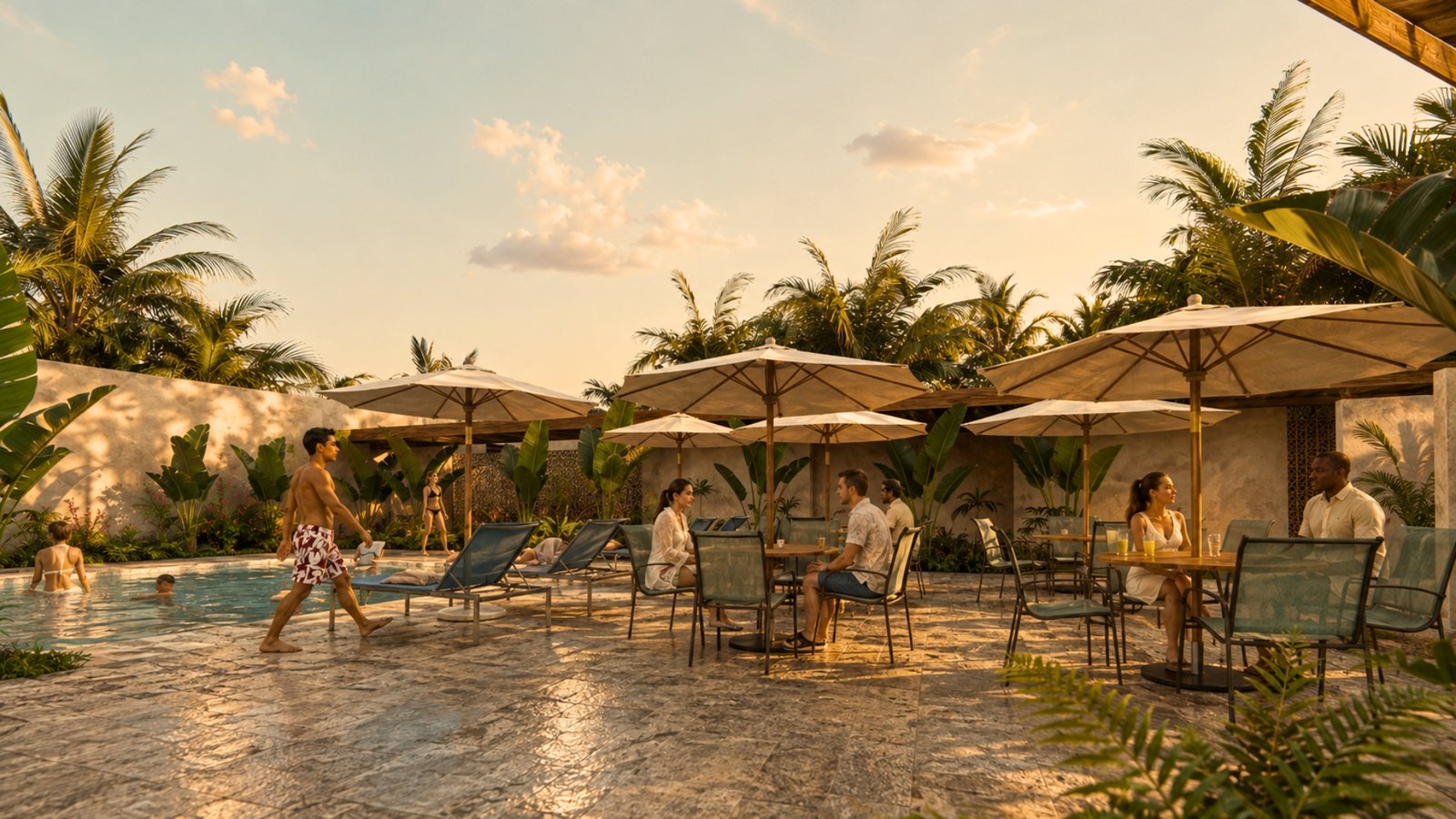 Render de la terraza junto a la alberca en la amenidad de Mareta