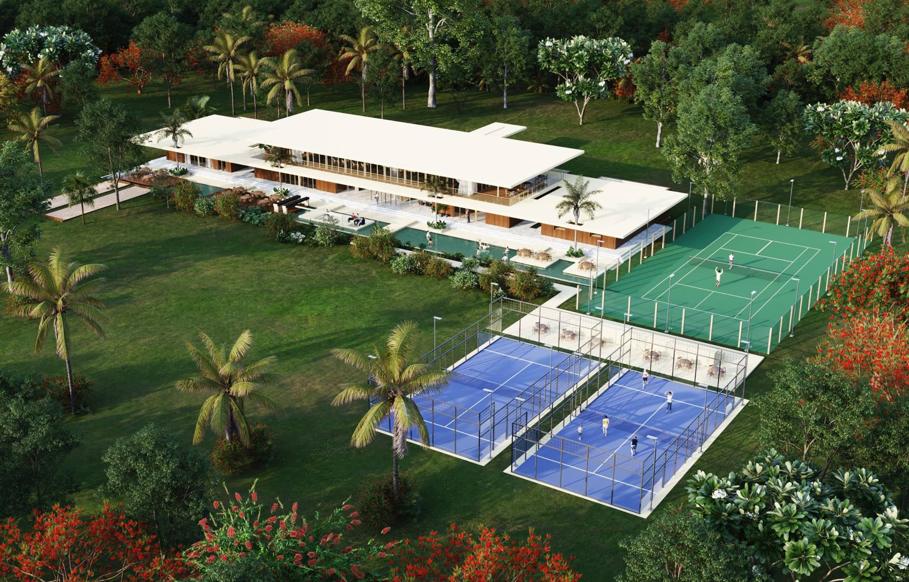 Vista aérea de la Casa Club de San Roque con canchas de tenis y pádel