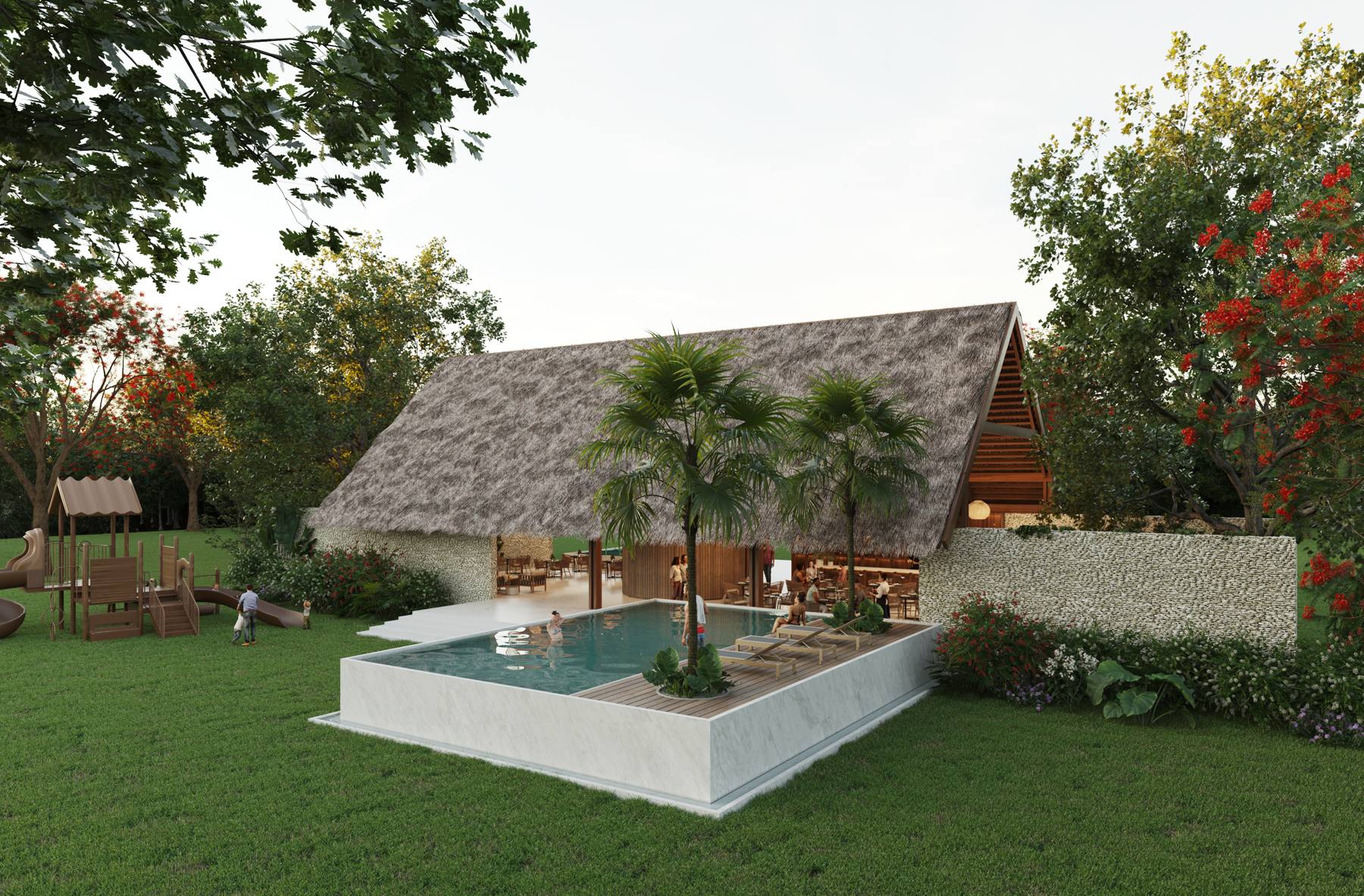 Palapa Club con alberca dentro de una privada de San Roque