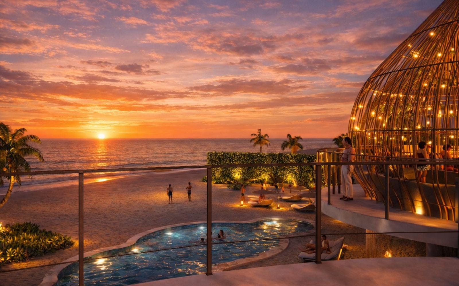 Render de la terraza del Club de Playa Playaviva al atardecer