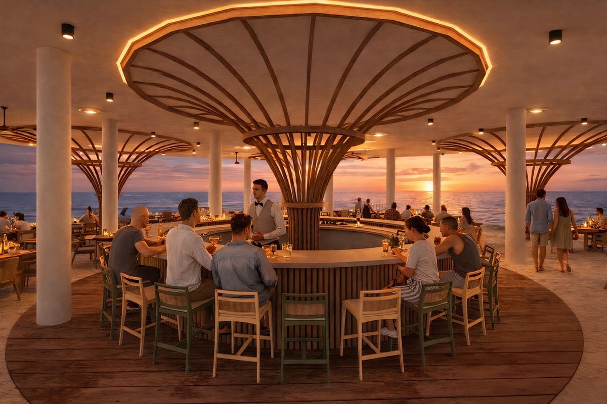 Render del bar circular del Club de Playa Playaviva