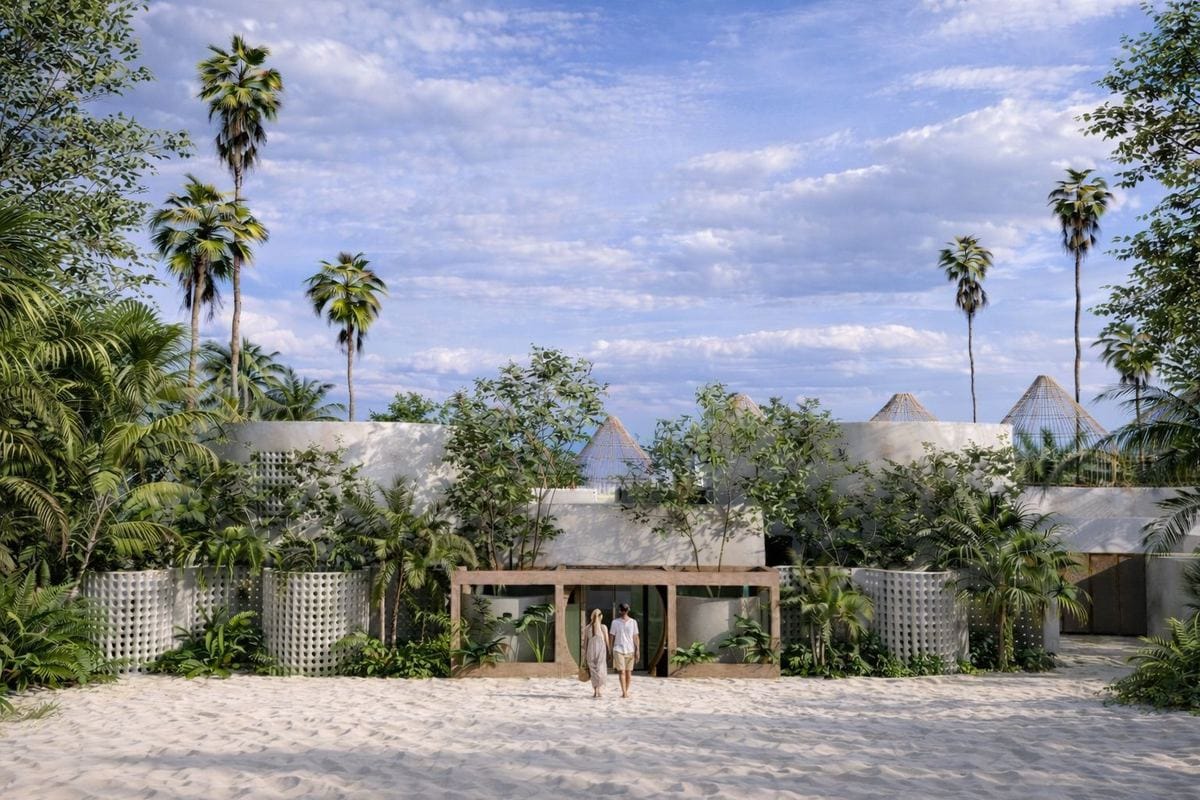 Render de la fachada del Club de Playa Playaviva entre palmeras
