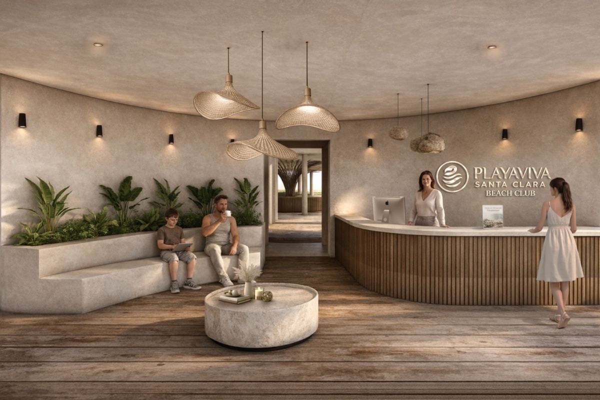 Render de la recepción del Club de Playa Playaviva Santa Clara