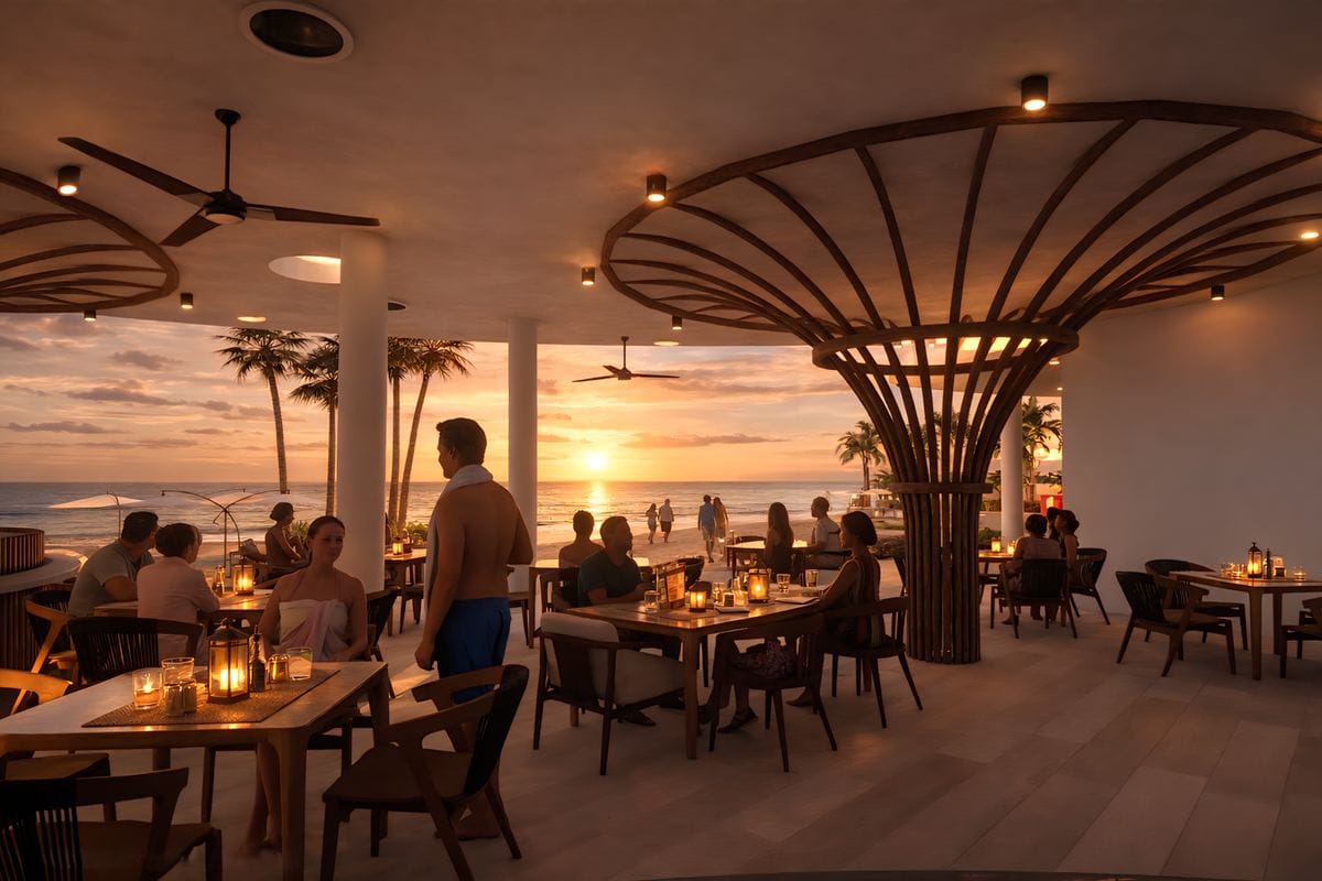 Render del restaurante del Club de Playa Playaviva con vista al mar