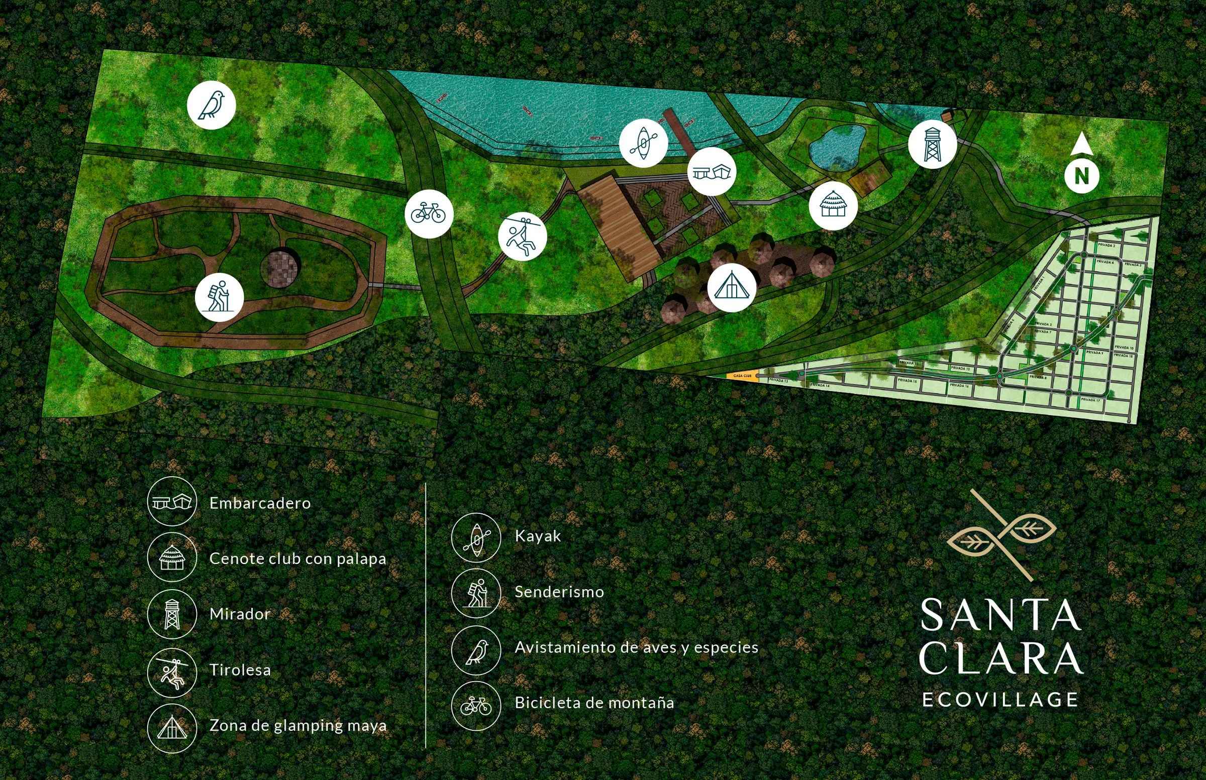 Mapa del ecoparque de Santa Clara Ecovillage con embarcadero, cenote club, mirador, tirolesa y glamping maya