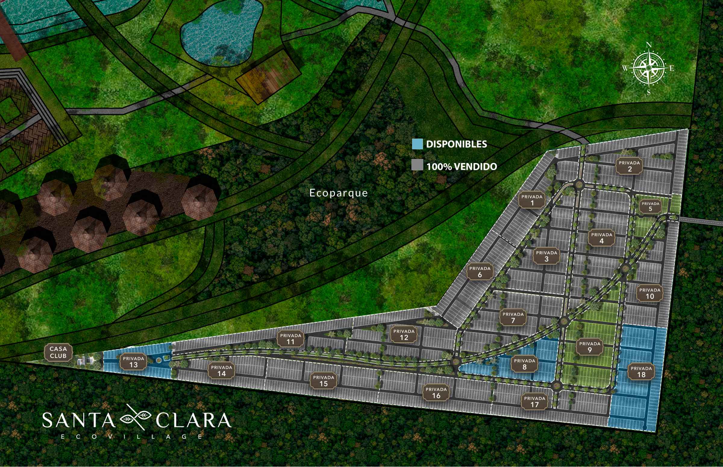 Masterplan de Santa Clara Ecovillage con sus 18 privadas y el ecoparque