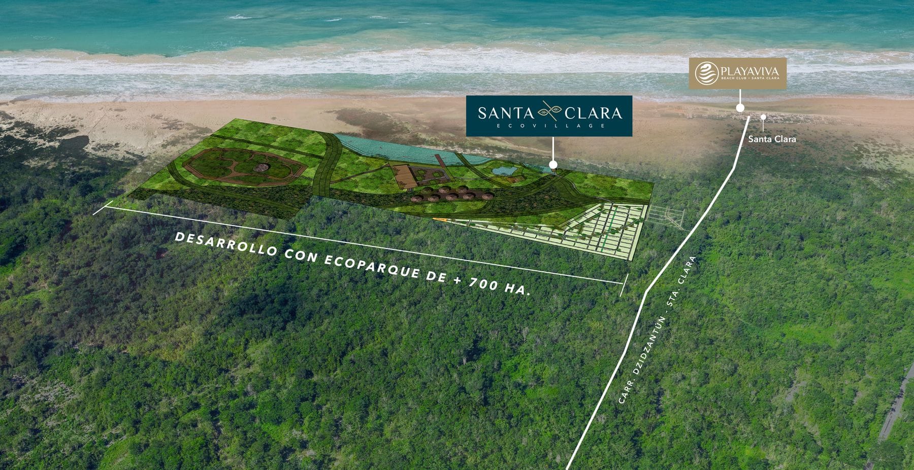 Vista aérea ilustrativa de Santa Clara Ecovillage, su ecoparque y la costa de Santa Clara