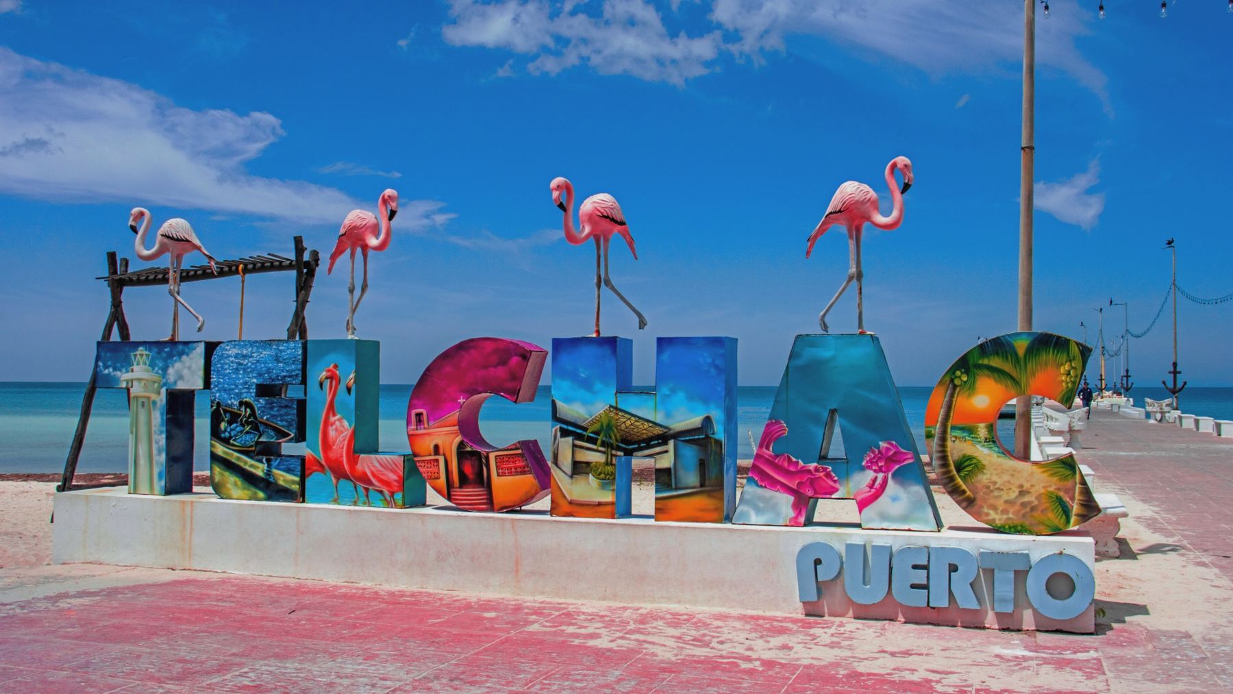 Letras de Telchac Puerto con flamencos frente al mar